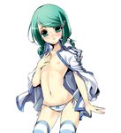  bad_id bad_pixiv_id blush bow bow_panties breasts green_eyes green_hair hair_ornament hairclip hand_on_own_chest highres jacket jacket_on_shoulders kuro_(kuronell) looking_at_viewer low_twintails navel nipples no_bra no_pants panties parted_lips rotori shiny shiny_skin side-tie_panties simple_background skindentation small_breasts solo striped striped_legwear striped_panties sweatdrop sword_girls tears thighhighs twintails underwear white_background 