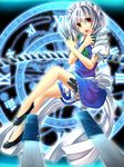  clock fuuna_(conclusion) gears highres izayoi_sakuya knife magic_circle maid maid_headdress open_mouth red_eyes roman_numerals short_hair silver_hair skirt slippers solo touhou 
