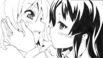  akiyama_mio black_eyes blush greyscale hair_down hand_on_another's_face k-on! long_hair monochrome multiple_girls nome_(nnoommee) open_mouth short_hair tainaka_ritsu uniform yuri 