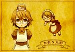  apron arms_behind_back banner blush character_request doll glasses looking_at_viewer maid migorz monochrome on_head ragnarok_online short_hair smile translation_request 