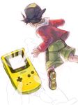  backwards_hat bad_id bad_pixiv_id baseball_cap black_hair game_boy game_boy_color gold_(pokemon) handheld_game_console hands hat male_focus pokemon pokemon_(game) pokemon_gsc shorts solo yo_mo 