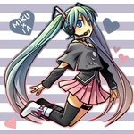  aqua_eyes aqua_hair bare_shoulders boots bvj cosplay faux_traditional_media hatsune_miku headphones headset ia_(vocaloid) ia_(vocaloid)_(cosplay) jumping long_hair looking_at_viewer mismatched_legwear open_mouth single_thighhigh skirt solo thigh_strap thighhighs twintails very_long_hair vocaloid 