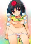  black_hair blush breasts groin hat leaning_forward looking_at_viewer naked_shirt navel nipples nude panties panty_pull red_eyes sawamura_hikaru scarf shameimaru_aya shirt short_hair small_breasts smile solo sweat tokin_hat topless touhou underwear underwear_only white_panties 