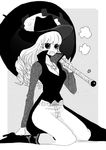  1girl boots breasts cosplay dracule_mihawk dracule_mihawk_(cosplay) female hat high_heel_boots high_heels jewelry kuraigana_island lining long_hair monochrome necklace one_piece perona solo umbrella uro_(fjkl1040) 