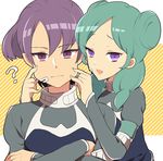  1girl ? alpha_(inazuma_eleven) armband beta_(inazuma_eleven) cheek_pinching green_hair inazuma_eleven_(series) inazuma_eleven_go inazuma_eleven_go_chrono_stone long_hair niku_jill pinching protocol_omega purple_eyes purple_hair short_hair smile 