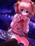  blonde_hair blue_eyes fukoujiman kamikita_komari little_busters! milky_way nebula night plaid plaid_skirt ribbon school_uniform sitting skirt sky solo star_(sky) starry_sky tears twintails 