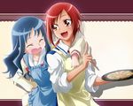  apron arm_around_shoulder blue_hair crossover dam_(artist) food happy heartcatch_precure! highres hino_akane_(smile_precure!) kurumi_erika long_hair multiple_girls myoudou_gakuen_middle_school_uniform nanairogaoka_middle_school_uniform okonomiyaki open_mouth plate precure red_eyes red_hair school_uniform sleeves_rolled_up smile_precure! 