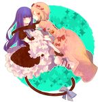  2girls bad_id bad_pixiv_id blonde_hair blue_eyes blue_hair bow cat_tail dress elbow_gloves frederica_bernkastel gloves hair_ornament hat highres lambdadelta multiple_girls pink_hat tail umineko_no_naku_koro_ni 