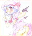  arnest ass bat_wings blue_hair blush detached_wings dress embarrassed from_behind hat millipen_(medium) no_panties red_eyes remilia_scarlet shikishi solo touhou traditional_media watercolor_(medium) wings wrist_cuffs 
