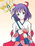  aqua_eyes bunny1219 highres japanese_clothes kimono purple_hair short_hair sister_quest smile solo staff stella_(sister_quest) 