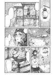  chihiro_(kemonomichi) comic greyscale hood house kumoi_ichirin lamp lantern long_hair monochrome moon myouren_temple snow snowing stone_lantern surprised touhou tree winter_clothes 