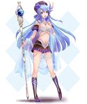  bare_shoulders blue_hair boots breasts cleavage cross-laced_footwear flower hair_flower hair_ornament harlem_heart hat highres jewelry knee_boots lace-up_boots light_particles long_hair mage medium_breasts midriff navel open_mouth orb original smile solo staff standing tanedahiwa_(carduelini) veil very_long_hair weapon 