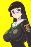  annoyed black_hair breasts brown_eyes chiaki_kurihara glasses hime_cut impossible_clothes impossible_shirt large_breasts long_hair looking_at_viewer miniskirt_pirates pout school_uniform shirt simple_background ueyama_michirou yellow_background 