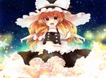  bad_id bad_pixiv_id blonde_hair bow dress frills hair_bow hat hat_bow kirisame_marisa kofa_(ikyurima) open_mouth outstretched_arms solo star touhou white_bow witch_hat yellow_eyes 