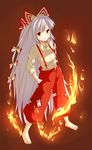  barefoot bow brown_background dress_shirt fire flame fujiwara_no_mokou full_body hair_bow hair_ribbon hands_in_pockets highres long_hair miyo_(ranthath) pants red_eyes ribbon shirt silver_hair simple_background sleeves_rolled_up solo standing suspenders touhou very_long_hair 