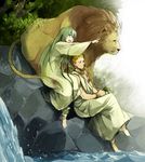  anklet barefoot blonde_hair bracelet earrings enkidu_(fate/strange_fake) fate/strange_fake fate/zero fate_(series) gilgamesh green_eyes green_hair jewelry lion long_hair male_focus multiple_boys necklace pointing red_eyes toga vox 