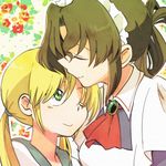  ascot blonde_hair brown_hair closed_eyes folded_ponytail forehead_kiss green_eyes hayate_no_gotoku! hitaishou_chiritori kiss long_hair lowres maid maid_headdress maria_(hayate_no_gotoku!) multiple_girls one_eye_closed sanzen'in_nagi smile twintails 