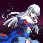  :q bare_shoulders breasts bunny1219 cleavage hair_ornament hairpin japanese_clothes kimono long_hair medium_breasts orange_eyes purple_background sister_quest smile snowflake_hair_ornament solo tongue tongue_out white_hair yukiko_(sister_quest) 