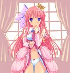  blue_eyes bra crown detached_sleeves dress dress_lift gradient_eyes long_hair multicolored multicolored_eyes navel panties pecheresse_lambic_de_koninck pink_hair purple_eyes saitou_tsukasa solo underwear yojouhan_princess 