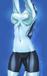  blue blue_hair breasts clothing dragon equus female hair nipples plain_background shorts solo spats stretching 