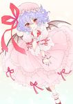  bad_id bad_pixiv_id bat_wings blush dress hat highres lavender_hair looking_at_viewer parted_lips red_eyes remilia_scarlet slit_pupils smile solo touhou wings wrist_cuffs yutsumoe 