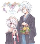  2boys child eyes_closed flower gauche_suede hair_over_one_eye japanese_clothes lag_seeing multiple_boys open_mouth pink_eyes smile tegami_bachi white_hair 