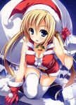  :p absurdres bell bell_collar belt blonde_hair blue_eyes blush breasts chimney christmas cleavage collar gloves hair_bobbles hair_ornament hat highres holding large_breasts long_hair midriff navel night night_sky original red_gloves sack santa_costume santa_hat sky sleeveless smile solo thighhighs tongue tongue_out twintails white_legwear yuuki_hagure 