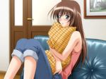  blue_eyes brown_hair couch long_hair mizuno_ryoko tsuki_possession zyx 