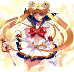  athenacg back_bow bishoujo_senshi_sailor_moon blonde_hair blue_eyes blue_sailor_collar bow brooch choker double_bun elbow_gloves expressionless gloves hair_ornament hairpin heart heart_choker holding holding_wand jewelry kaleidomoon_scope long_hair magical_girl multicolored multicolored_clothes multicolored_skirt pleated_skirt red_bow ribbon sailor_collar sailor_moon sailor_senshi_uniform skirt solo super_sailor_moon tiara tsukino_usagi twintails wand white_gloves yellow_choker 