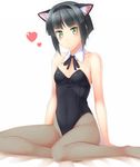  bad_id bad_pixiv_id black_hair detached_collar fishnet_pantyhose fishnets green_eyes highres kittysuit komimiyako leotard pantyhose power_pro_kun_pocket power_pro_kun_pocket_7 ribbon serizawa_mao short_hair solo 