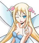 blonde_hair blue_eyes breasts bunny1219 cleavage fairy hair_ornament hairpin lilly_(sister_quest) long_hair medium_breasts one_eye_closed pointing sister_quest solo twintails 