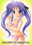  bikini blue_eyes blush hiiragi_kagami lucky_star navel nightmare77zx purple_hair side-tie_bikini smile solo striped striped_bikini swimsuit twintails 