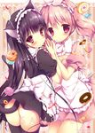  animal_ears apron ass black_hair blush bunny_ears candy cat_ears cat_tail checkerboard_cookie cookie cupcake doughnut food hairband inu_x_boku_ss lollipop long_hair macaron maid multiple_girls pink_hair red_eyes roromiya_karuta shirakiin_ririchiyo shiratama_(shiratamaco) short_hair tail waist_apron 