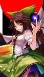  arm_cannon atom black_wings breasts brown_hair cape chirigami-san highres large_wings long_hair medium_breasts radiation_symbol red_eyes reiuji_utsuho ribbon skirt smile solo symbol-shaped_pupils third_eye touhou weapon wings 