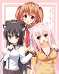  animal_ears black_hair borrowed_character breasts brown_hair cassini_m_bisuko cat_ears cat_tail cleavage highres long_hair medium_breasts mia_flatpaddy multiple_girls original pink_hair red_eyes shia_flatpaddy shirasu_youichi tail 