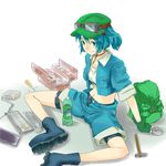  adjustable_wrench arm_support backpack bag blue_eyes blue_hair boots crop_top dango_ya goggles hair_bobbles hair_ornament hammer kawashiro_nitori key mallet midriff navel open_fly pepsi pepsi_ice_cucumber product_placement screwdriver short_hair shorts sleeves_rolled_up smile solo toolbox tools touhou two_side_up unzipped wrench 