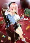  adjusting_hair amplifier blush boombox boots breasts cable cat food fur_trim guitar headphones highres hood hoodie instrument large_breasts macaron nitroplus okitakung open_mouth pink_hair red_eyes shirt shorts sitting solo super_sonico taut_clothes taut_shirt 