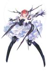  armor armored_dress bare_shoulders copyright_request frills gauntlets greaves hair_ornament outstretched_arms pump_(pumpqmuq) red_eyes red_hair short_hair simple_background skirt solo spread_arms white_background 