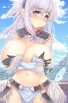  armor bad_id bad_pixiv_id blush breasts cleavage covering covering_breasts curvy elbow_gloves gloves hairband highres huge_breasts kirin_(armor) long_hair monster_hunter navel neko0634 red_eyes silver_hair solo topless 