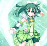  bike_shorts blush bow bowtie brooch choker cure_march green green_background green_choker green_eyes green_hair green_neckwear green_shorts green_skirt jewelry mad_(hazukiken) midorikawa_nao ponytail precure short_hair shorts shorts_under_skirt skirt smile smile_precure! solo 