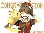  brown_hair character_name closed_eyes crown fingerless_gloves gen_1_pokemon gloves nakoromo open_mouth pikachu pokemon pokemon_(creature) pokemon_special red_(pokemon) smile vest 