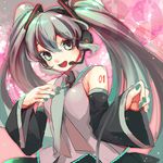  bad_id bad_pixiv_id bare_shoulders detached_sleeves green_eyes green_hair hatsune_miku headset long_hair nail_polish necktie open_mouth smile solo tattoo twintails vocaloid yoko_(shiocolor) 