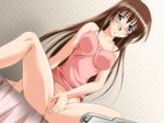  bed blue_eyes blush brown_hair covering long_hair mizuno_ryoko pussy tsuki_possession uncensored zyx 