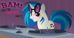  blue_hair cutie_mark english_text equine eyewear female feral friendship_is_magic glasses hair horn horse looking_at_viewer mammal my_little_pony nabbiekitty needle pony purple_eyes record record_player smile solo sunglasses text two_tone_hair unicorn vinyl_scratch_(mlp) 