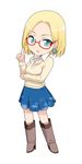  artist_request blonde_hair chibi claudia_madobe earrings glasses highres jewelry red-framed_eyewear semi-rimless_eyewear simple_background solo standing sweater under-rim_eyewear unmoving_pattern white_background windows 