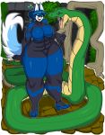  anthro big_breasts blue_fur blue_hair bodysuit breasts canid canine clothed clothing fangs female feral footwear fur hair hair_bun high_heels hypnofood hypnosis mammal mind_control multicolored_fur open_mouth razzora reptile scalie shoes skinsuit smile snake spiral_eyes thick_thighs tight_clothing tongue white_fur wide_hips 