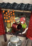 cat chen chen_(cat) flower food fruit hair_flower hair_ornament hieda_no_akyuu japanese_clothes lamp multiple_tails nabeshima_tetsuhiro one_eye_closed persimmon pink_hair pot scroll short_hair solo tail telescope touhou yellow_eyes 