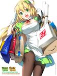  1girl :d bag black_legwear blonde_hair breasts cleavage copyright_request gloves green_eyes hair_ornament large_breasts open_mouth pantyhose puffy_short_sleeves puffy_sleeves ress salute shopping_bag short_sleeves skirt smile solo text_focus white_gloves 