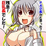  :d alternate_breast_size blush braid breasts dress_shirt grey_hair izayoi_sakuya large_breasts lavender_eyes nishi_koutarou no_bra open_clothes open_mouth open_shirt shirt smile solo too_bad!_it_was_just_me! touhou translated twin_braids upper_body 
