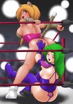  2girls animal_ears arena ass cat_ears cat_tail catfight cheetah crowd face_in_ass facesitting fighting green_hair highres humiliation jewelry kazetanuki leopard multiple_girls pain panties ring shoulder_pads sitting sitting_on_face sitting_on_person smile stinkface tail thong turnbuckle underwear wrestling wrestling_ring 
